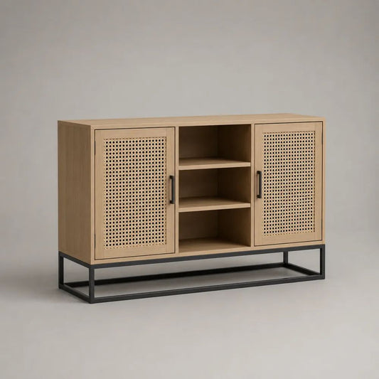 Buffet rectangulaire 2 portes en bois, cannage en rotin et métal, chêne naturel et noir, 120 × 40 × 85 cm