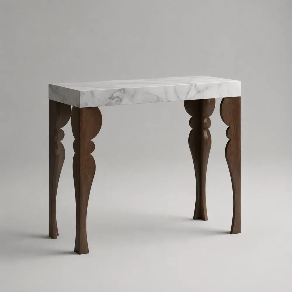 Console rectangulaire en MDF effet marbre blanc et bois marron foncé, 100 × 35 × 80 cm