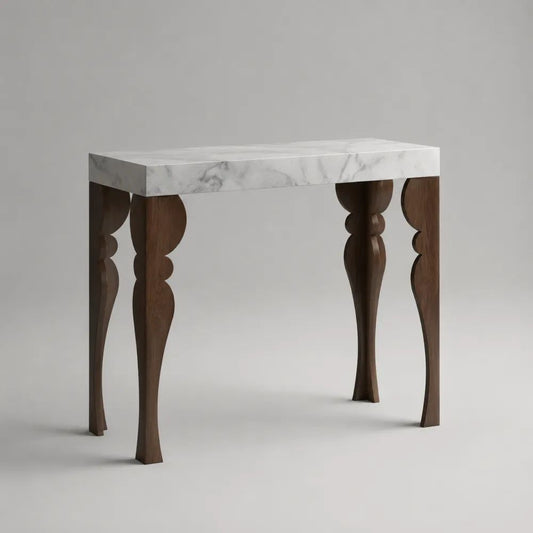 Console rectangulaire en MDF effet marbre blanc et bois marron foncé, 100 × 35 × 80 cm