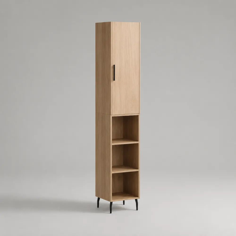 Meuble colonne de rangement en panneaux de particules et métal, 1 porte et 3 niches, chêne clair et noir, 40 × 35 × 180 cm