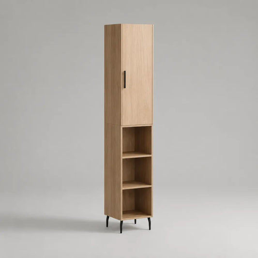 Meuble colonne de rangement en panneaux de particules et métal, 1 porte et 3 niches, chêne clair et noir, 40 × 35 × 180 cm