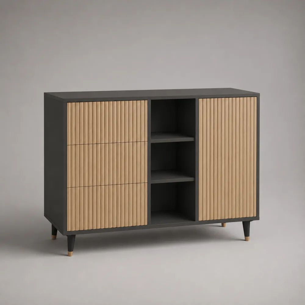 Buffet bahut rectangulaire en bois et métal avec 3 tiroirs, 1 porte et 3 niches, noir et chêne naturel, 120 × 40 × 90 cm