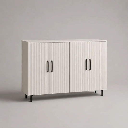 Buffet rectangulaire 4 portes en MDF rainuré et panneaux de particules, blanc et noir, 160 × 40 × 85 cm