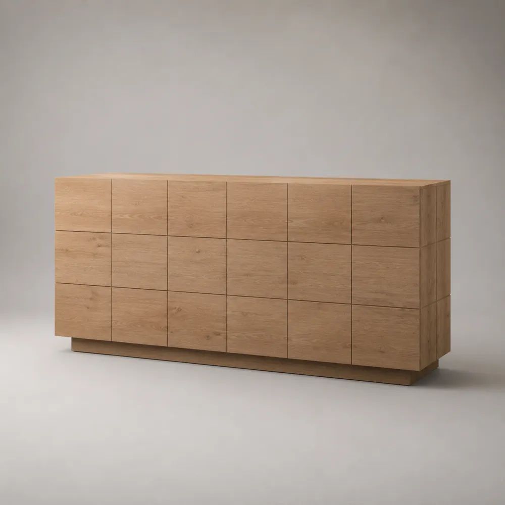 Buffet bas rectangulaire 18 tiroirs en MDF plaqué chêne naturel, 180 × 40 × 85 cm