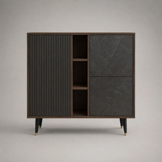 Buffet haut 3 portes en bois et métal, noyer foncé, noir et anthracite, 120 x 40 x 125 cm