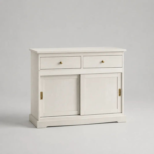 Buffet bas rectangulaire en MDF blanc avec 2 tiroirs et 2 portes coulissantes, 100 x 40 x 85 cm